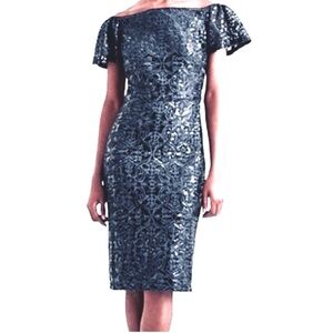 Ralph Lauren Lace Sequin Flutter Sleeve Sheath Dress Navy Blue Size 4